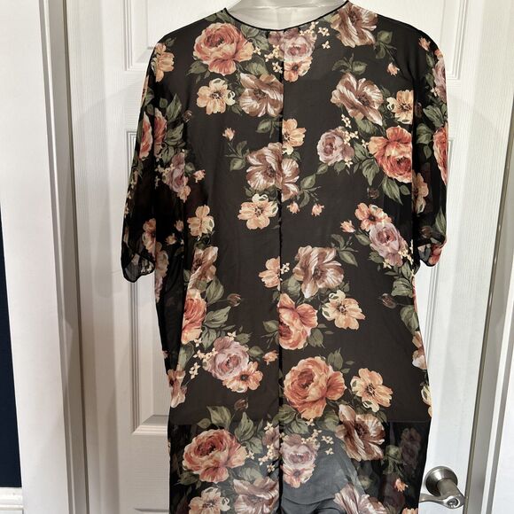 Try! This Women's S Kimono Blouse Black & Pink Floral Semi Sheer Cardigan - Picture 6 of 8